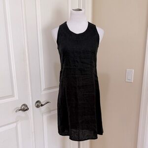 Flax Sleeveless 100% Linen Button Back Round Neck Black Mini Dress Size XS